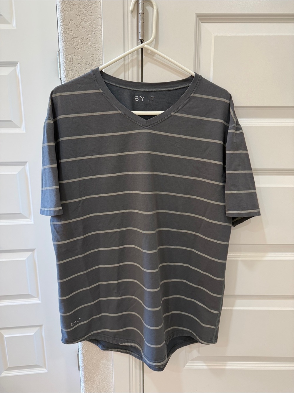 BYLT Basics Gray Striped Short Sleeve Tee